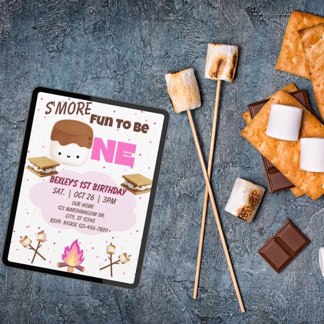 Pink, S'more Fun to be One, 1st Birthday Inbjudningar (Skapare uppladdad)
