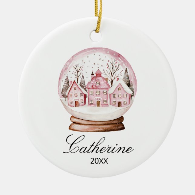 Pink Snow Globe Christmas Cozy Town Custom Name Julgransprydnad Keramik (Framsidan)