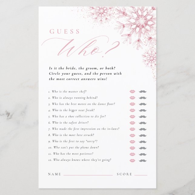 Pink Snow in Love Guess Who Bridal Shower Game (Framsida)