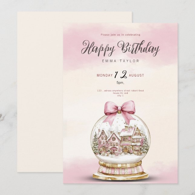  pink snowball birthday invitation inbjudningar (Fram/baksida)