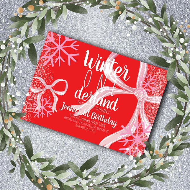 Pink Snowflake Snowy Script First Birthday Bow Inbjudningar (Skapare uppladdad)