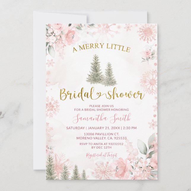 Pink Snowflake Winter A Merry Little Bridal Shower Inbjudningar (Framsida)