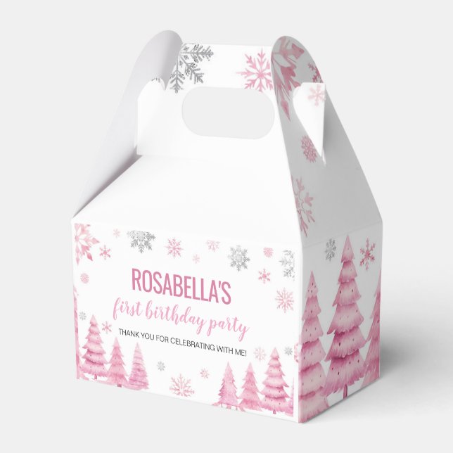 Pink Snowflake Winter Birthday Party Favor Box Presentaskar (Framsidan Sidan)