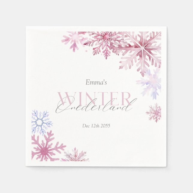 Pink Snowflake Winter Wonderland First Birthday  Pappersservett (Framsidan)
