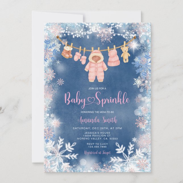 Pink Snowflakes Blue Winter Girl Baby Sprinkle Inbjudningar (Framsida)