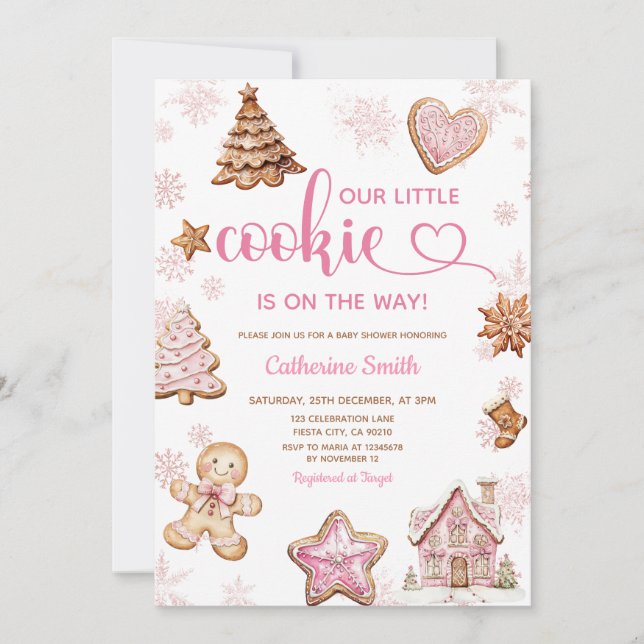 Pink Snowflakes Gingerbread Christmas Baby Shower Inbjudningar (Framsida)