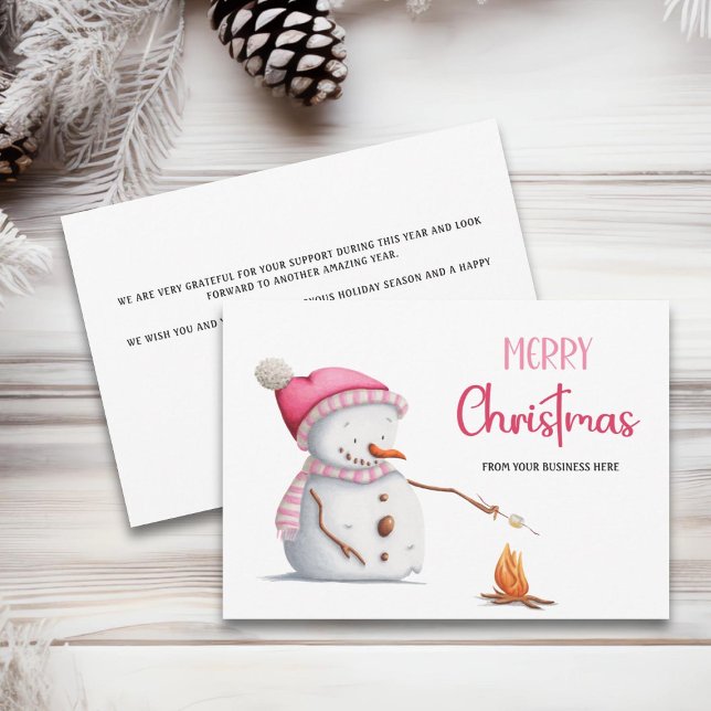 Pink Snowman Marshmallows Merry Christmas Business Julkort (Skapare uppladdad)