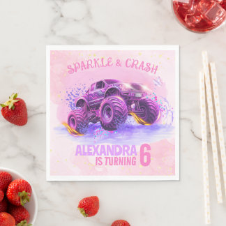 Pink Sparkle and Crash Monster Truck Girl Birthday Pappersservett
