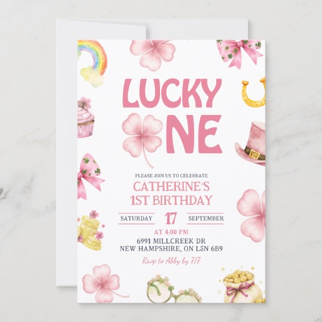 Pink St Patrick Lucky One Kids First Birthday Inbjudningar (Framsida)