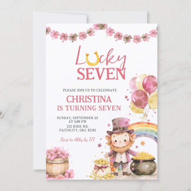 Pink St Patrick Lucky Seven Birthday Invitation Inbjudningar (Framsida)