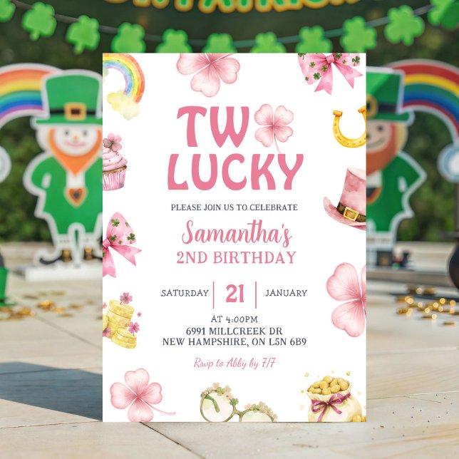 Pink St Patrick Two Lucky Birthday Invitation Inbjudningar (Skapare uppladdad)