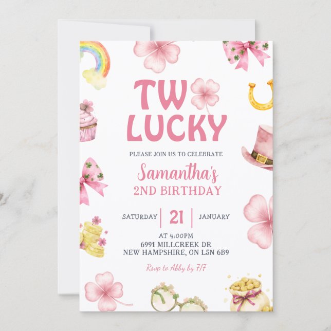 Pink St Patrick Two Lucky Birthday Invitation Inbjudningar (Framsida)