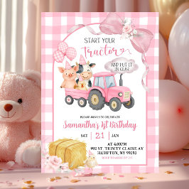 Pink Start Your Tractor Farm Animals Birthday Inbjudningar