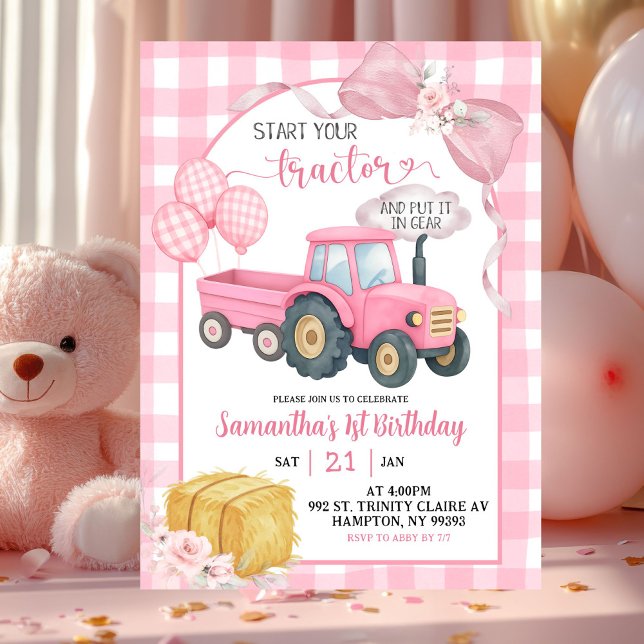 Pink Start Your Tractor Farm Theme Girl Birthday Inbjudningar (Skapare uppladdad)