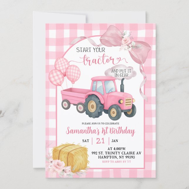 Pink Start Your Tractor Farm Theme Girl Birthday Inbjudningar (Framsida)