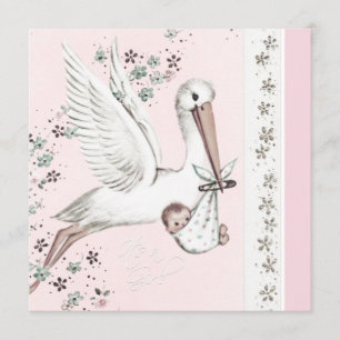 Pink Stork Baby Girl Shower Inbjudningar