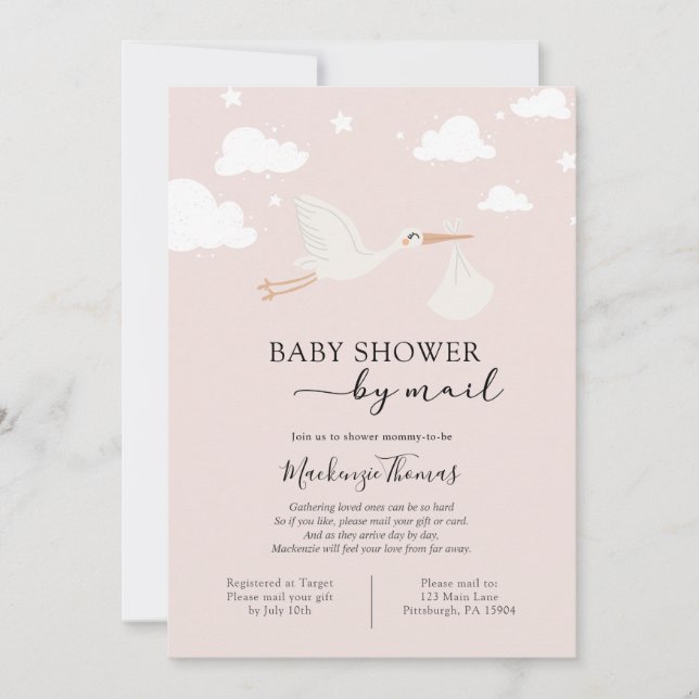 Pink Stork Baby Shower via Post Inbjudningar (Framsida)