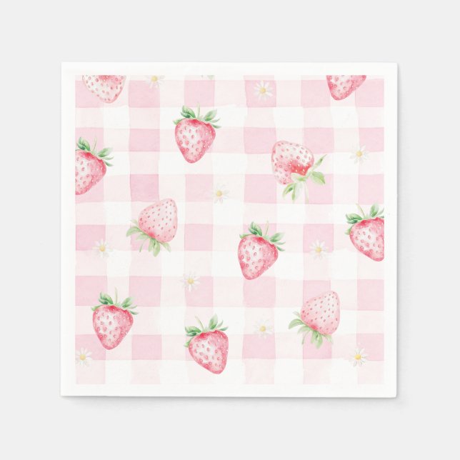 Pink Strawberries Gingham Berry First 1st Birthday Pappersservett (Framsidan)