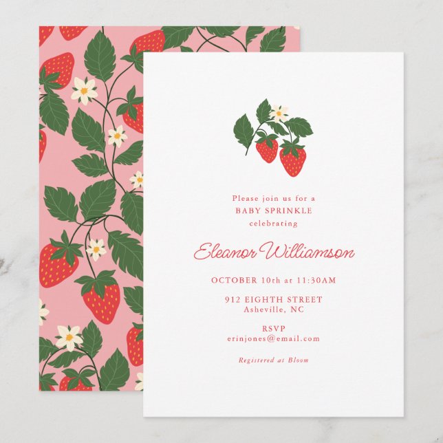Pink Strawberry Baby Shower Sprinkle Botanical Inbjudningar (Fram/baksida)
