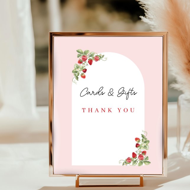 Pink Strawberry Baby Shower Tabletop Sign Poster (Berry Sweet Baby Shower Tabletop Sign)
