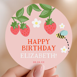 Pink Strawberry Birthday Party Favor Thank you Runt Klistermärke