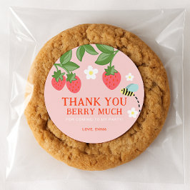 Pink Strawberry Birthday Party Favor Thank you Runt Klistermärke
