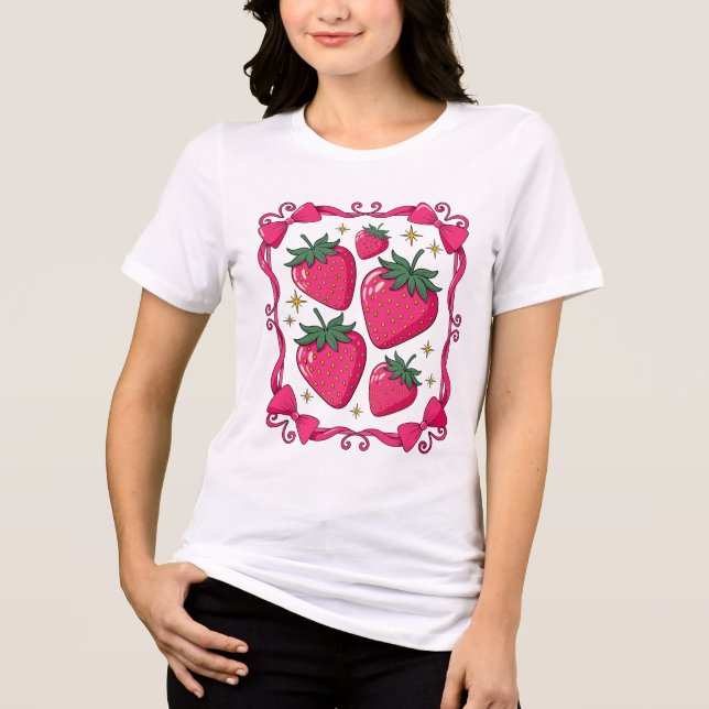Pink Strawberry Coquette Aesthetic Cute Bow Design T Shirt (Framsida)