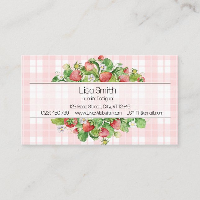 Pink Strawberry Gingham Business Card  Visitkort (Framsida)