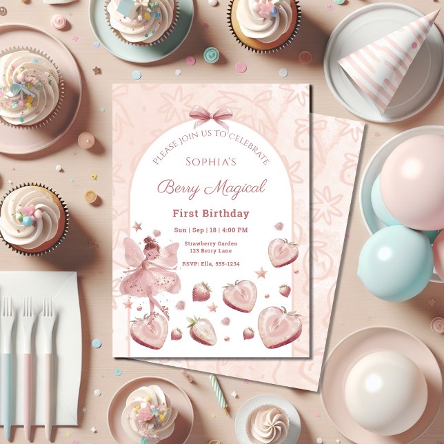 Pink Strawberry Hearts Fairy Girl Birthday Invitat Inbjudningar (Skapare uppladdad)