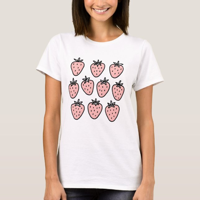 Pink Strawberry Pattern – Cute Hand-Drawn Fruit Do T Shirt (Framsida)