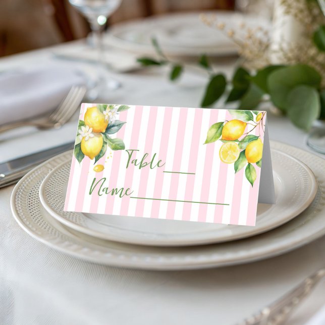Pink Stripe Citrus Lemon Ciao Bambina Place Card Placeringskort (Pink Citrus lemon Baby Shower decor table place card)