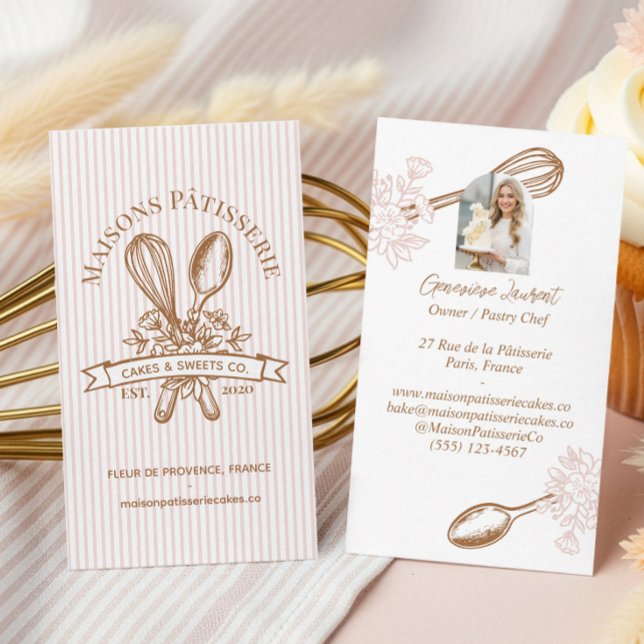 Pink Stripe Floral Whisk Spoon Pastry Bakery Chef Visitkort (Pink Stripe Floral Whisk Spoon Pastry Bakery Chef Business Card)