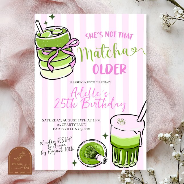 Pink Stripe Modern Matcha Birthday Invitation Inbjudningar (Skapare uppladdad)