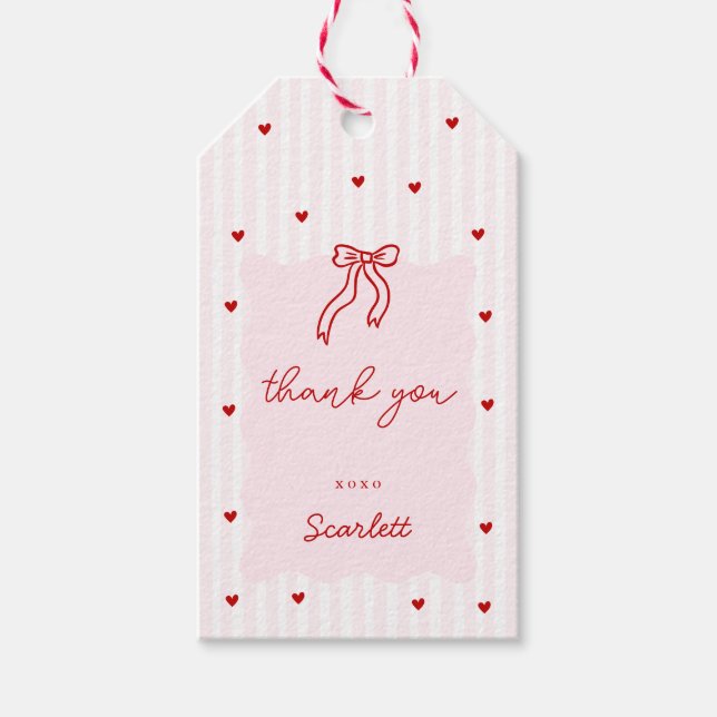 Pink Stripe Red Heart Little Sweetheart Birthday Presentetikett (Framsidan)