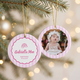 Pink Striped Baptism Photo Christmas Julgransprydnad Keramik