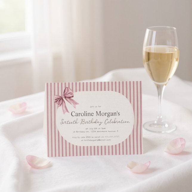 Pink Striped Bow 60th Birthday Celebration  Inbjudningar (Skapare uppladdad)