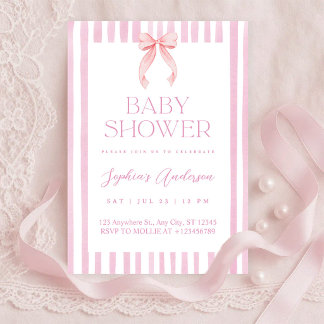 Pink Striped Bow Baby Shower Inbjudningar