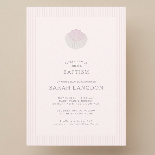 Pink striped coast shell baptism Invitation Inbjudningar (Skapare uppladdad)