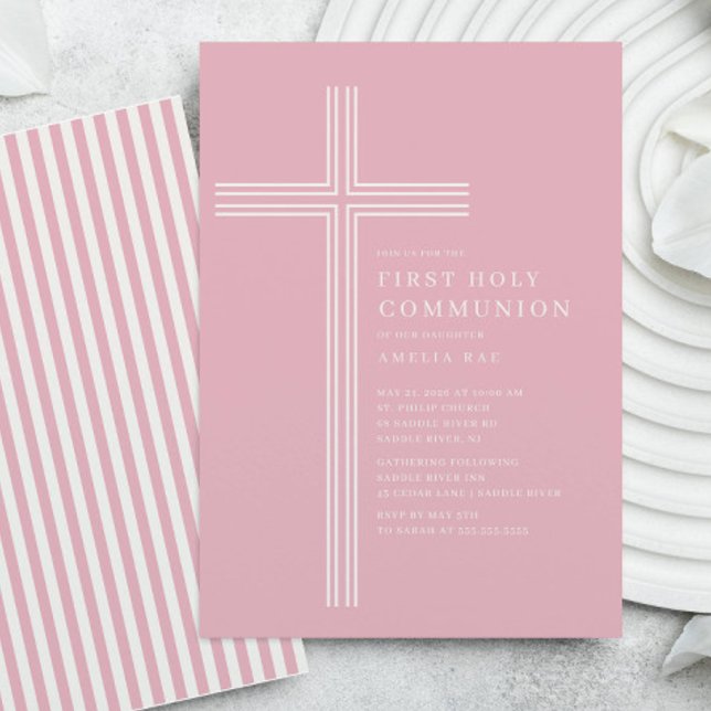 Pink Striped First Communion Invitation Inbjudningar (Skapare uppladdad)