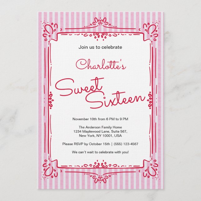 Pink Striped Glam Princess Sweet 16 Party  Inbjudningar (Framsida)
