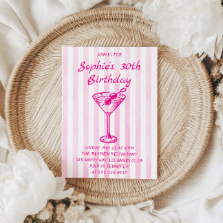 Pink Striped Martini 30th Birthday – Chic Adult Inbjudningar