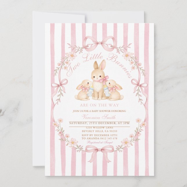 Pink Striped Twins Bunnies Baby Shower Invitation Inbjudningar (Framsida)
