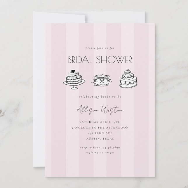 Pink Striped Vintage Cake Bridal Shower Invitation Inbjudningar (Framsida)