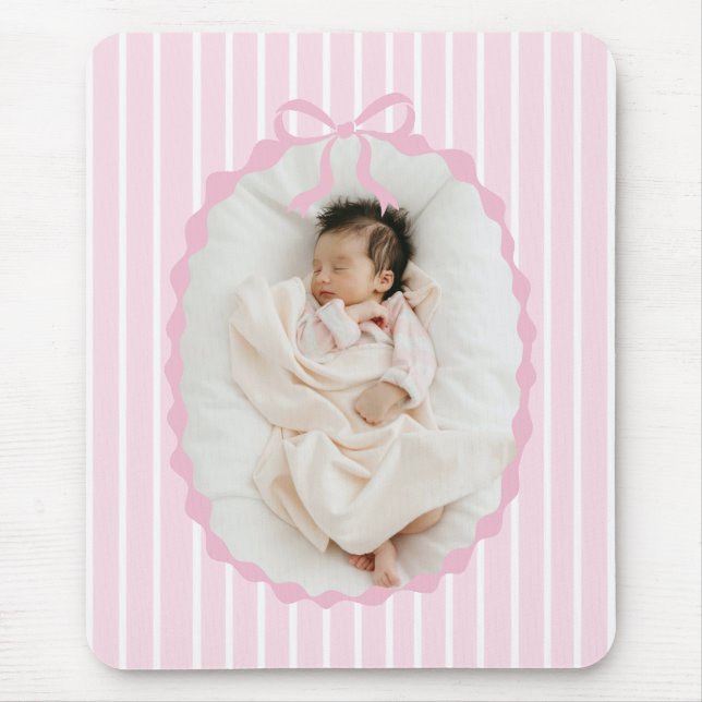 Pink Stripes Bow Frame Custom Photo Mousepad Musmatta (Framsidan)