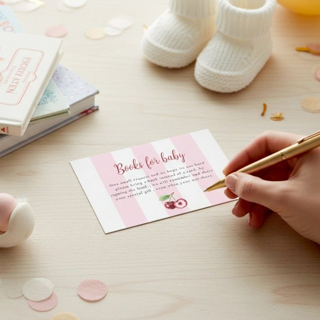 Pink Stripes Cherry Books for Baby Shower  Tilläggskort (Skapare uppladdad)