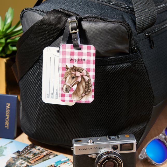 Pink Stripes Horse Bow Bagagebricka (Framsida & Baksida)