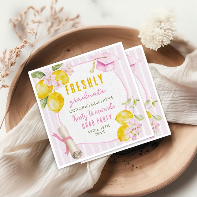 Pink Stripes Lemons and Flowers Graduation Pappersservett (Skapare uppladdad)