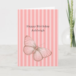 Pink Stripes with Butterfly Birthday Kort