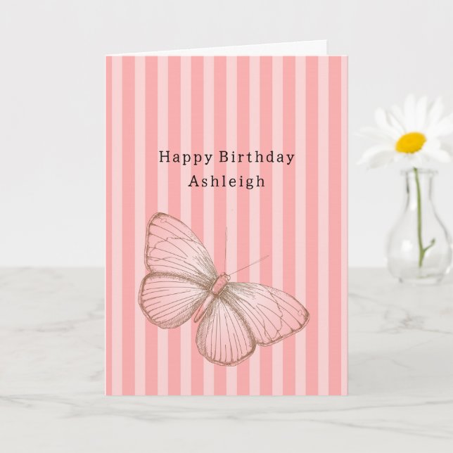 Pink Stripes with Butterfly Birthday Kort (Liten växt)
