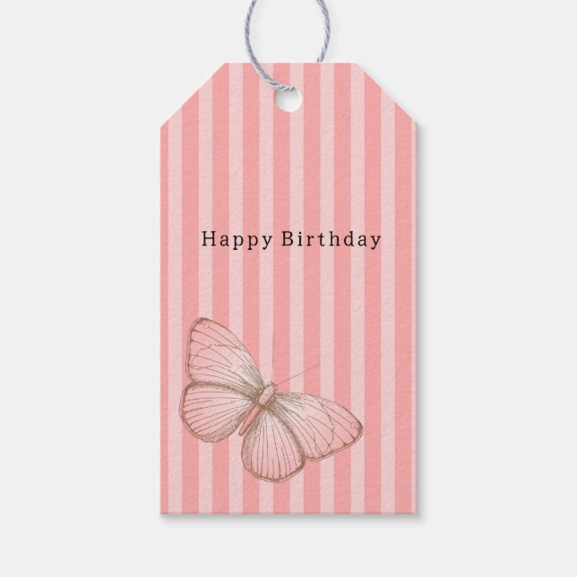 Pink Stripes with Butterfly Birthday Presentetikett (Framsidan)
